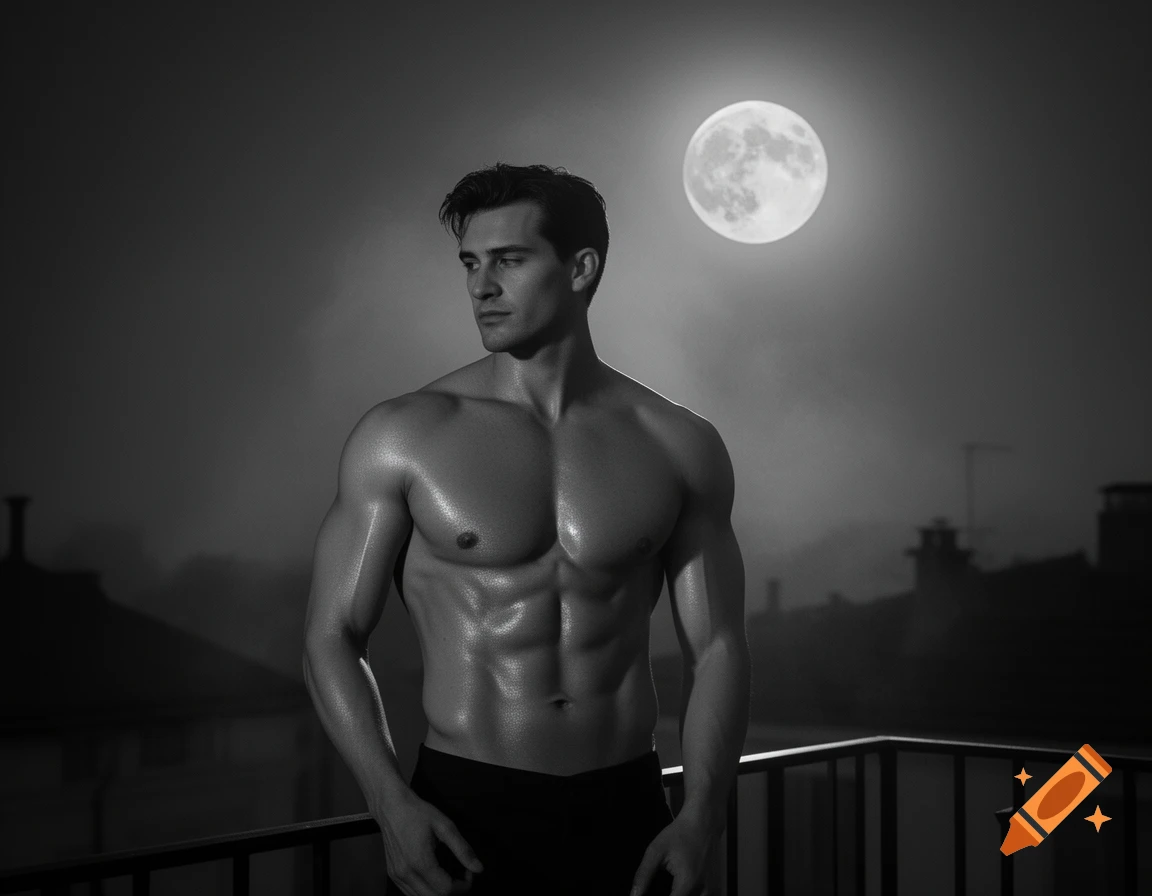 Muscular shirtless man on a balcony at night, dramatically lit by a full moon in black and white.