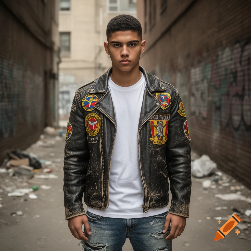 Young man in a patched leather jacket and ripped jeans stands in a trash-filled alleyway with graffiti.
