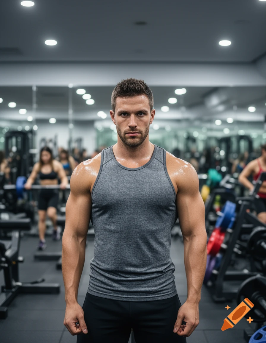 A muscular man in a gray tank top stands in a gym, looking at the viewer. Photorealistic style.