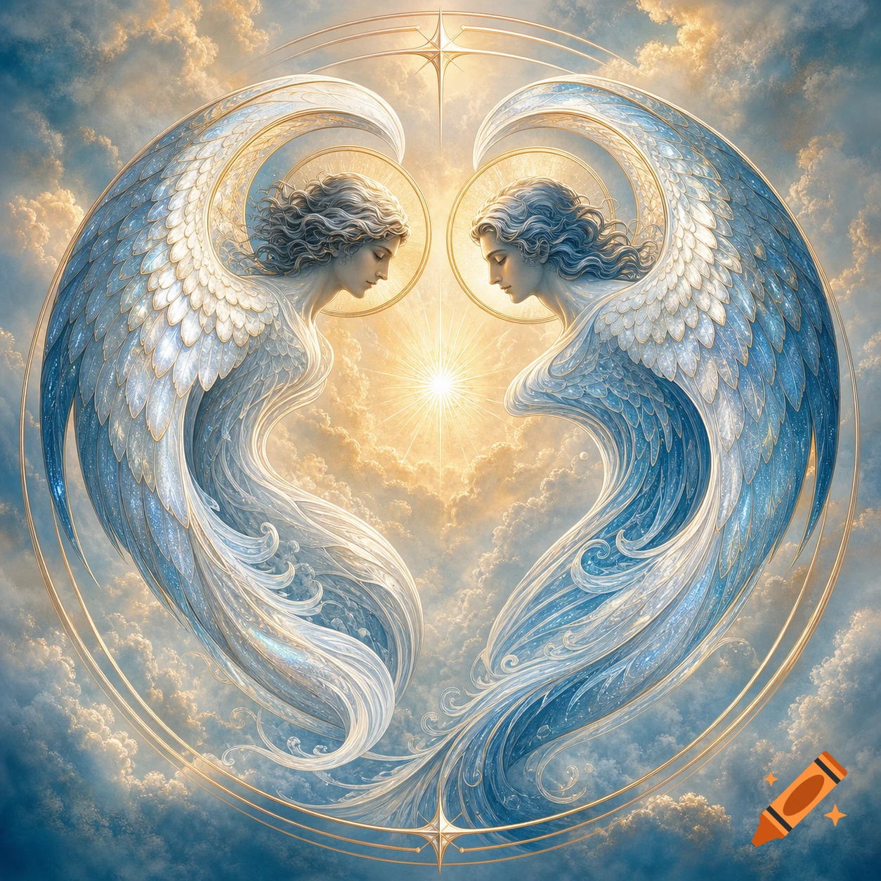 Two ornate blue and white winged angelic figures face each other, forming a heart shape amidst golden light and clouds.