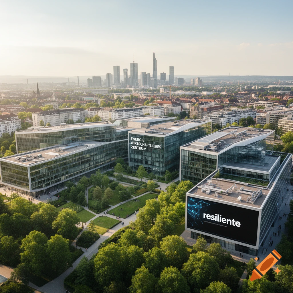 Aerial view of modern glass office buildings surrounded by green parks, with a prominent city skyline in the hazy distance.
