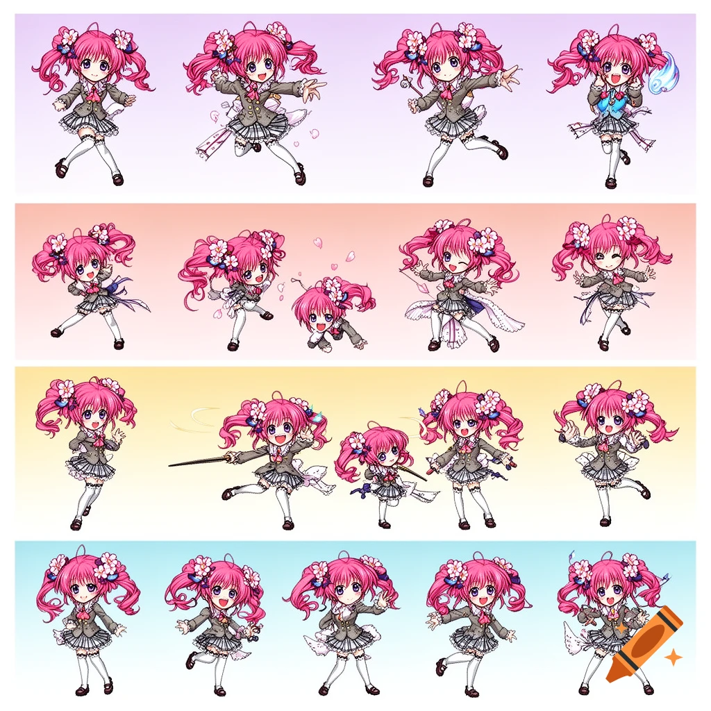 Sprite sheet of a pink-haired anime girl in a school uniform, shown in multiple dynamic poses.