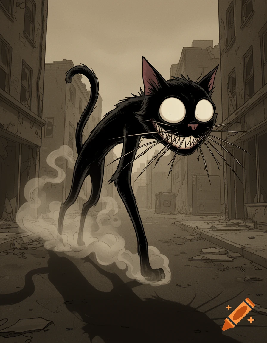 A creepy, elongated black cartoon cat with large white eyes and a wide, sharp-toothed grin walks down a desolate, ruined city street, leaving a trail of smoke.