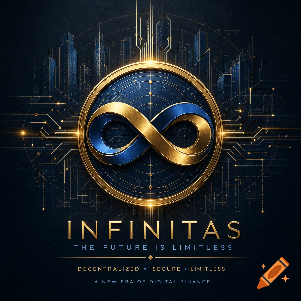 A gold and blue infinity symbol logo within a circle, surrounded by futuristic cityscapes and circuit board patterns. Text: INFINITAS, THE FUTURE IS LIMITLESS.