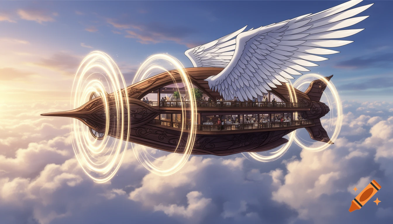Anime-style flying wooden airship restaurant with white wings and glowing propulsion rings soars through clouds at sunset.
