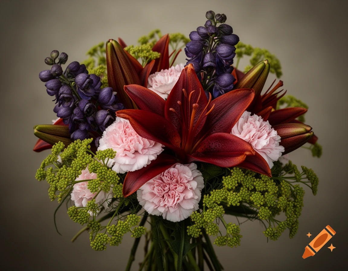 A photorealistic bouquet featuring deep red lilies, purple monkshood, pink and white carnations, and green foliage.