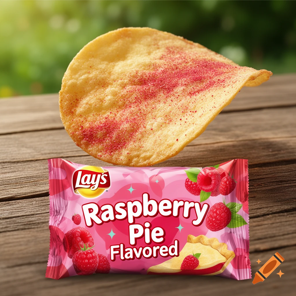 A Lay's potato chip with red sprinkles rests on a wooden table, above a pink Lay's Raspberry Pie Flavored chip package.