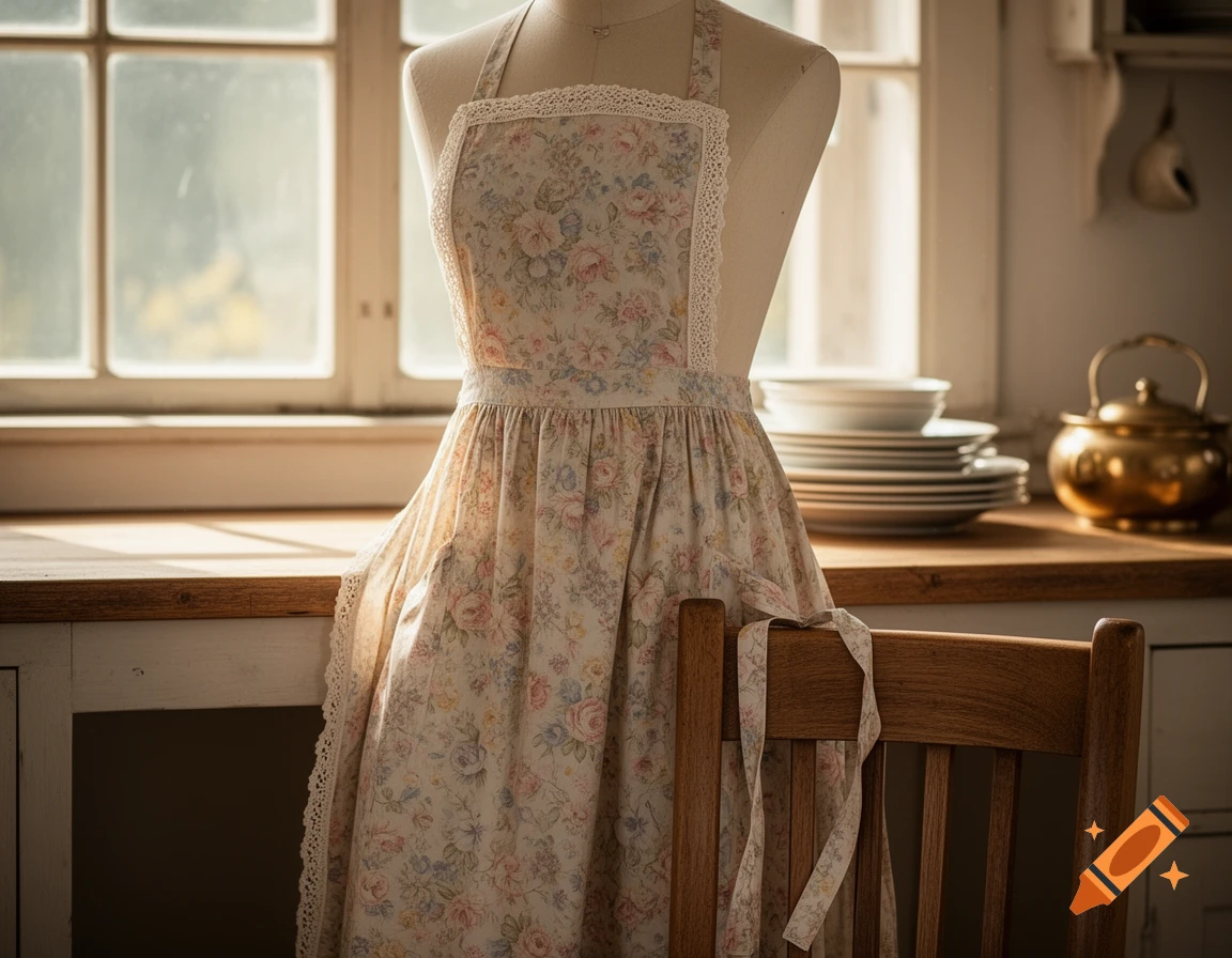 A photorealistic image of a floral apron on a mannequin in a sunlit kitchen with a window, dishes, and a teapot.