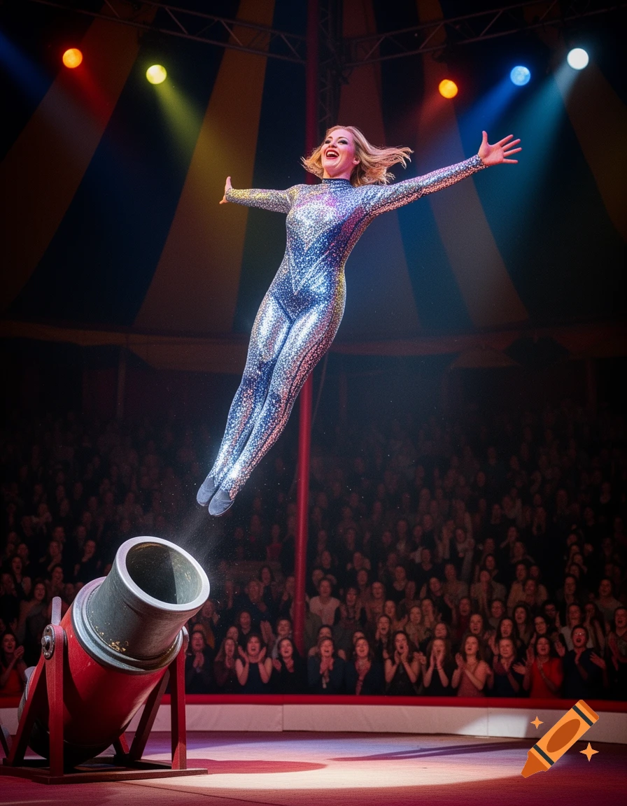 A woman in a shimmering silver jumpsuit leaps from a red cannon under spotlights in a circus tent, cheered on by a crowd.