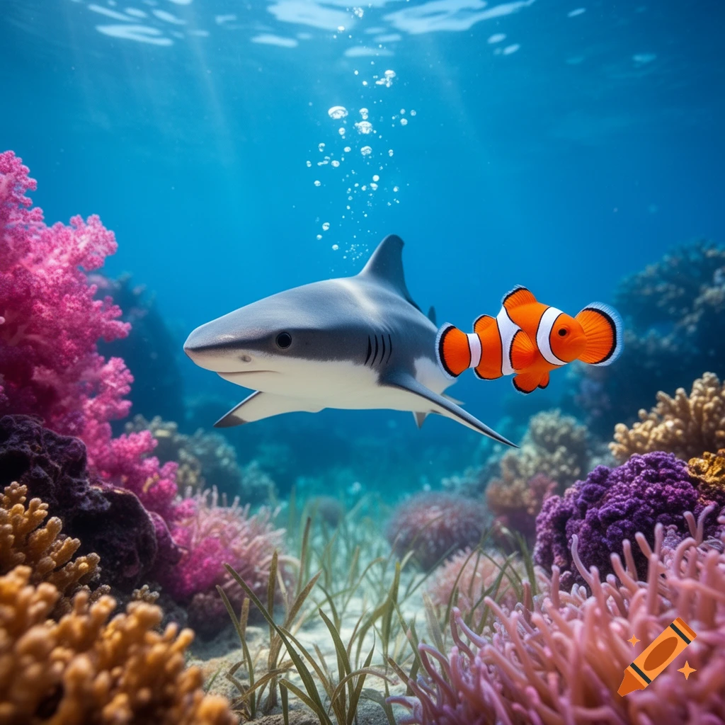 Photorealistic image of a baby shark and a clownfish swimming through a vibrant coral reef.
