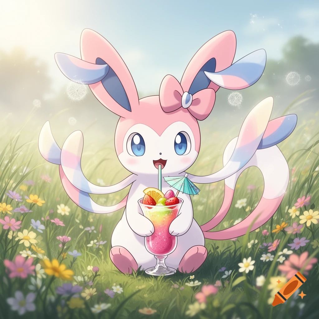 A cute Sylveon, a pink and white rabbit-like Pokemon, sits in a field of colorful wildflowers, happily drinking a fruit smoothie with a small umbrella.