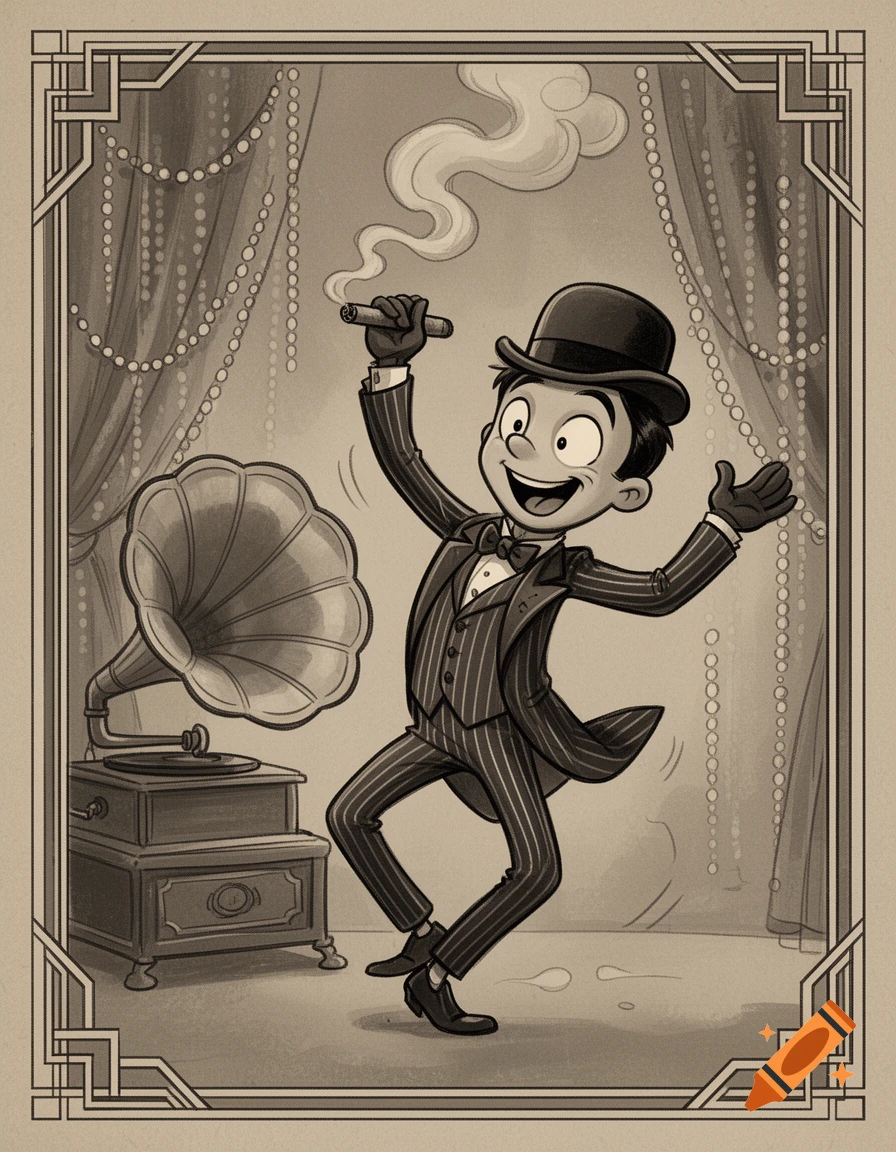 A happy male cartoon character in a 1920s pinstriped suit and top hat dances with a smoking cigar, next to a gramophone.