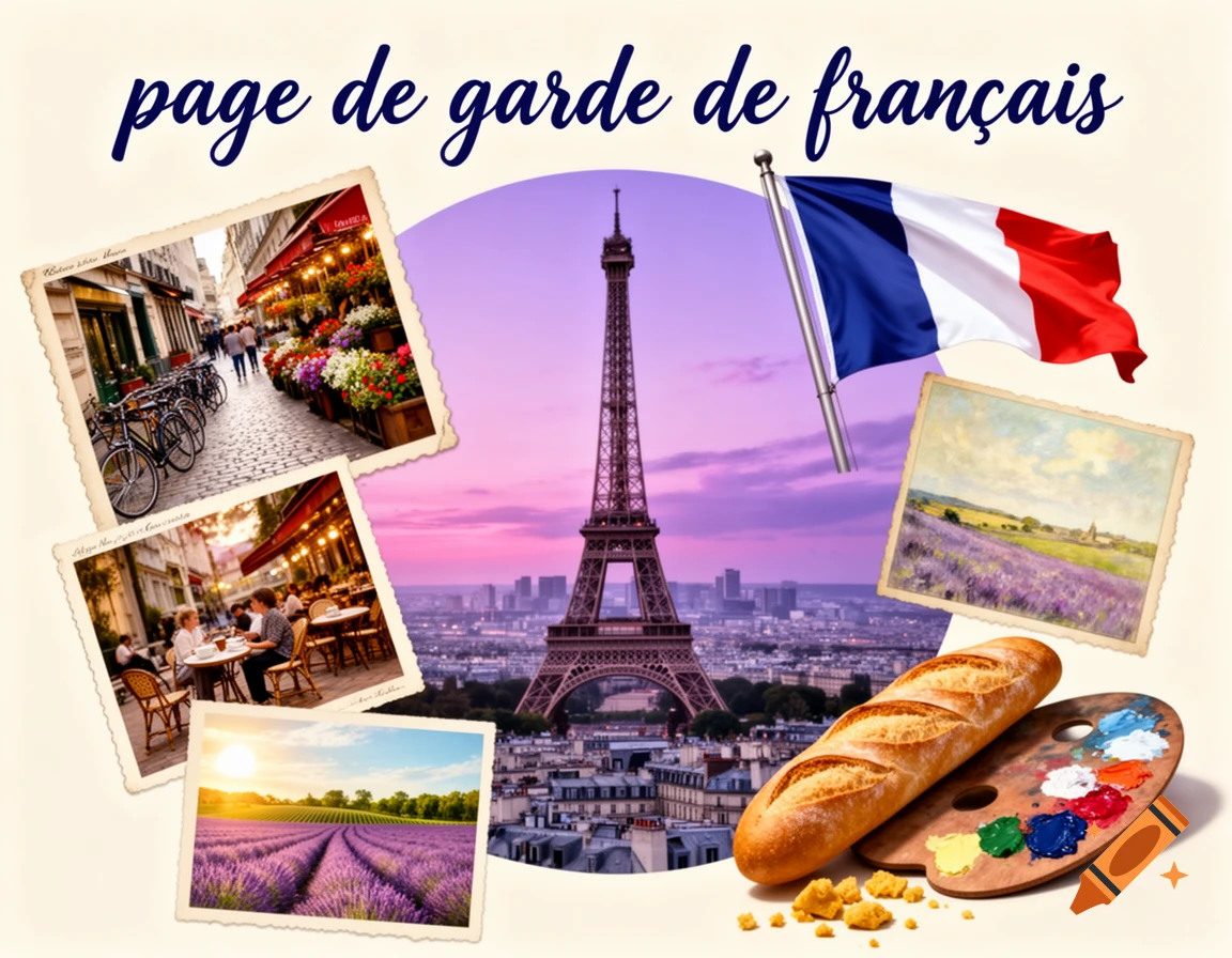 A collage of French cultural elements including the Eiffel Tower, French flag, lavender fields, Parisian streets, baguette, and a painter's palette, with "page de garde de français" text.