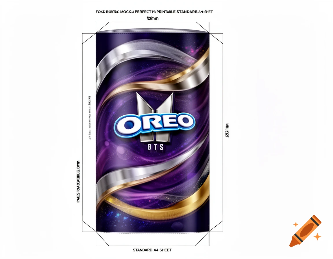 A printable template for an Oreo BTS package, featuring a purple, silver, and gold design with the Oreo logo and BTS branding on a white A4 sheet background.