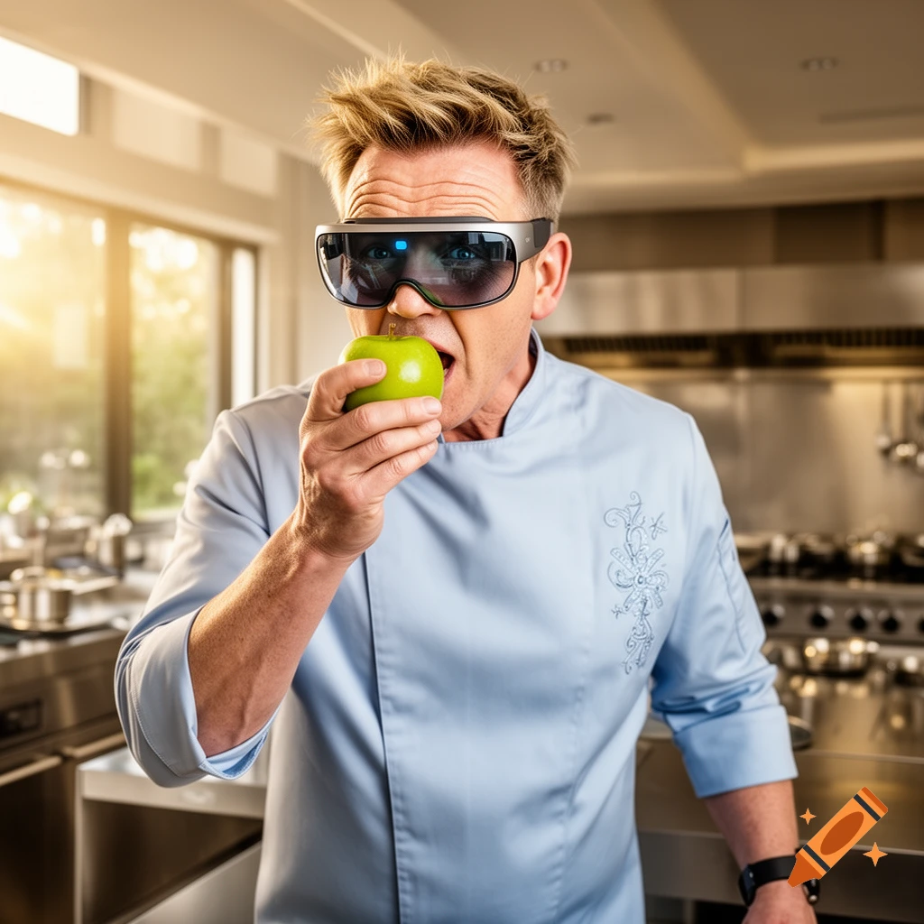 Gordon Ramsey in a chef's coat and AR/VR headset bites into a green apple in a sunlit kitchen.