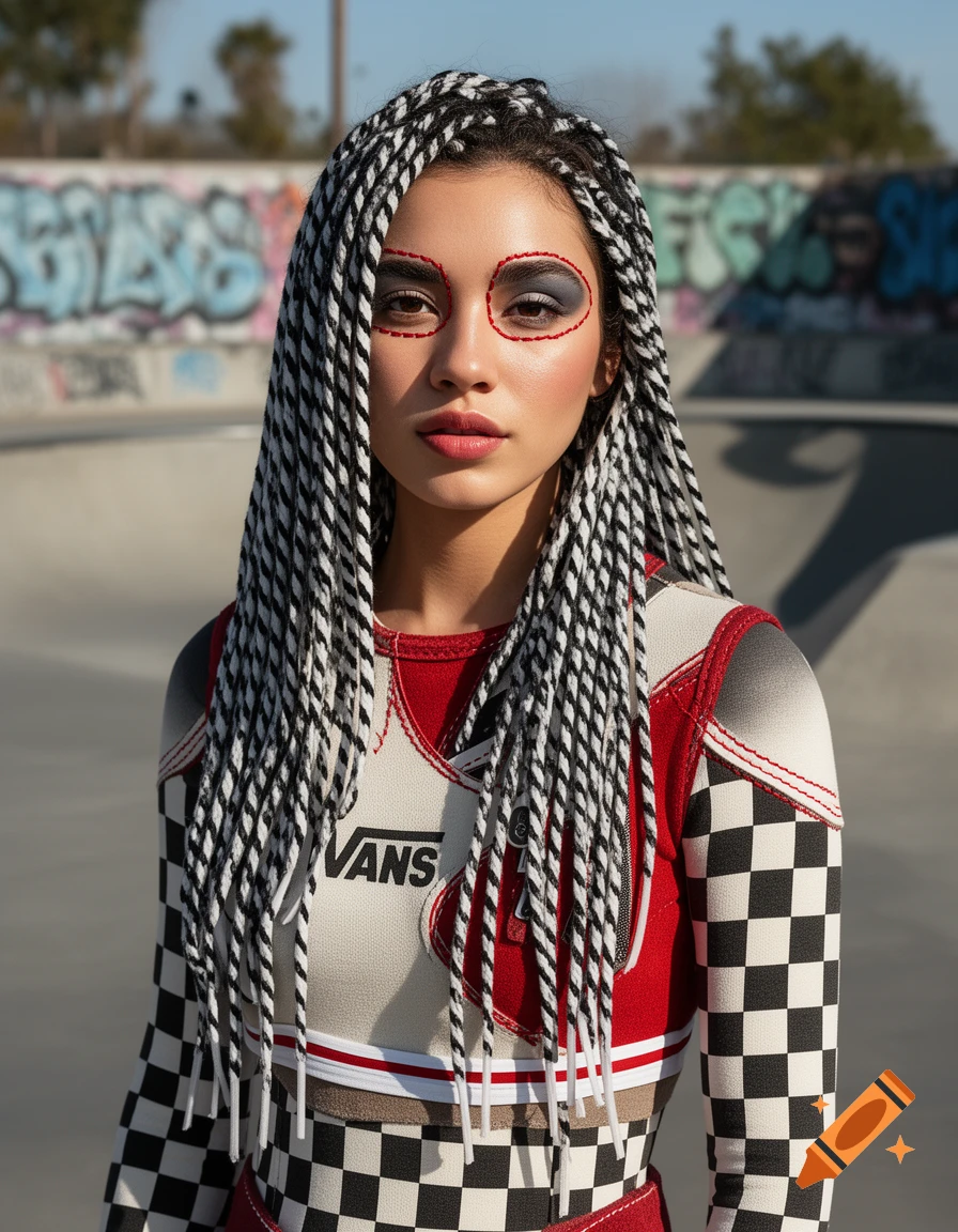 A woman with black and white braids and bold makeup wears a VANS-themed checkerboard and red outfit in a skate park.