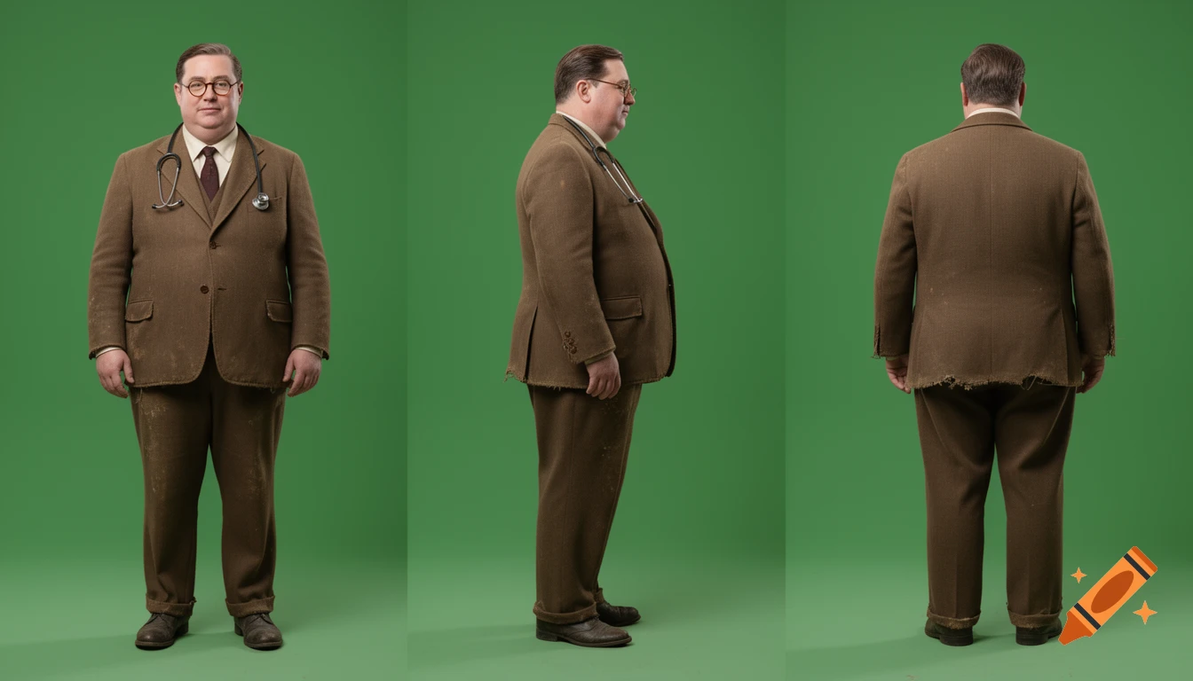 A photorealistic triple portrait of a round, fat 1950s English doctor in a shabby brown suit and stethoscope, against a green screen.