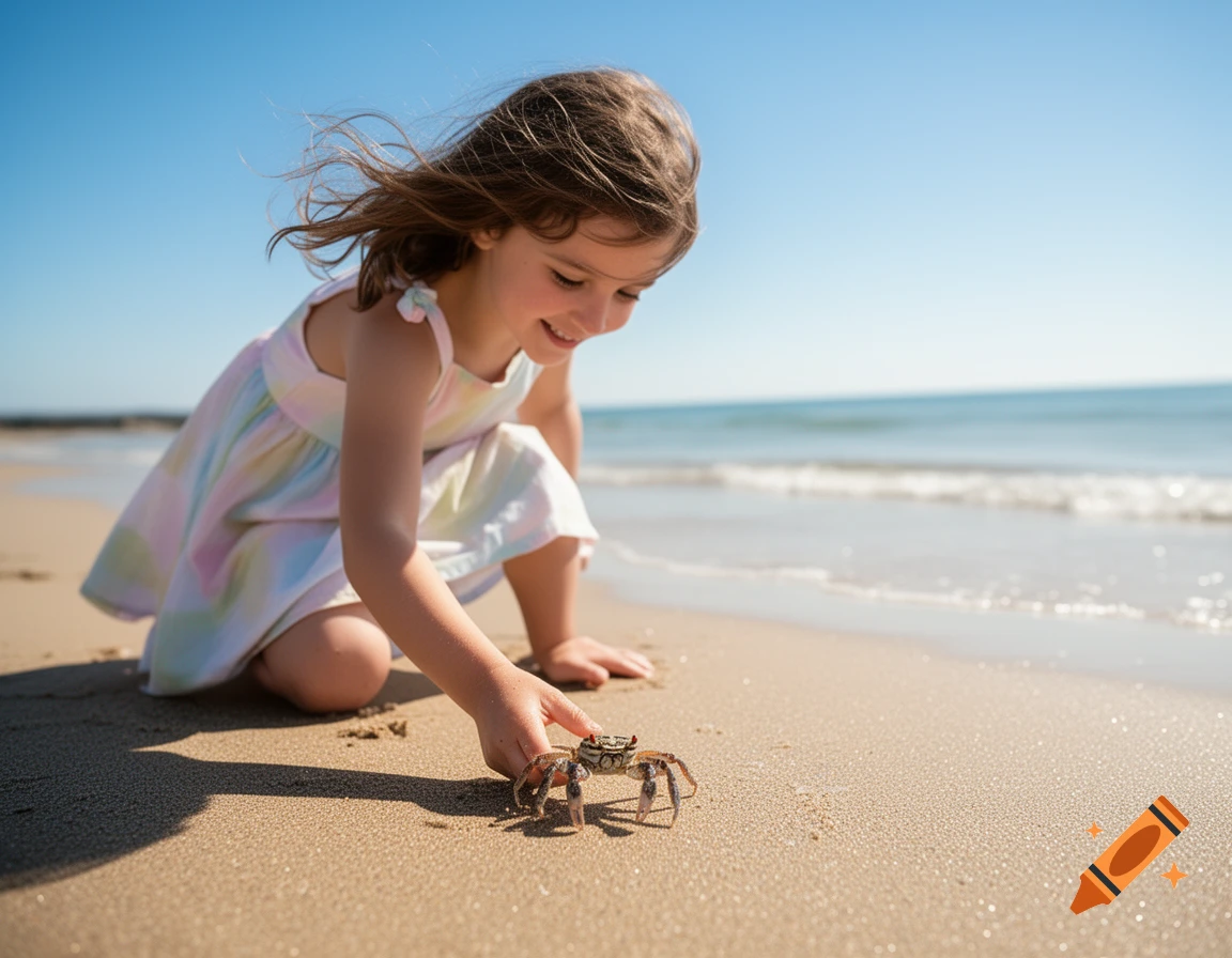 A smiling young girl crouches on a sandy beach, gently reaching for a crab with the ocean in the background.