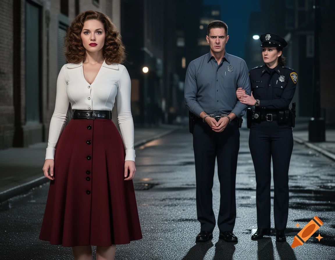 A woman with curly brown hair watches as a handcuffed man in a gray shirt is led away by a policewoman in uniform on a city street at night.