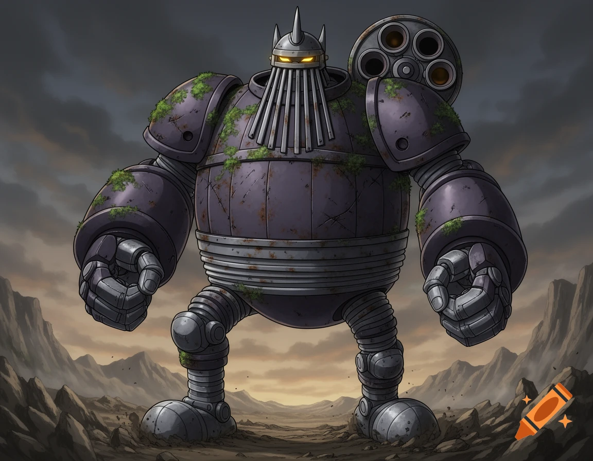 A colossal, moss-covered dark purple-gray robot with glowing golden eyes stands in a desolate, rocky landscape.