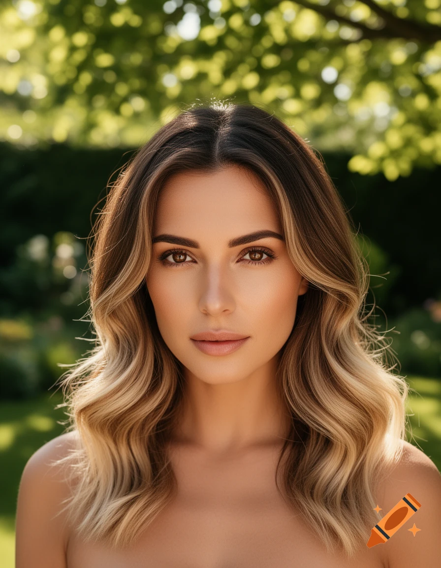 A photorealistic portrait of a beautiful woman with wavy brown and blonde hair and brown eyes, outdoors against green foliage.