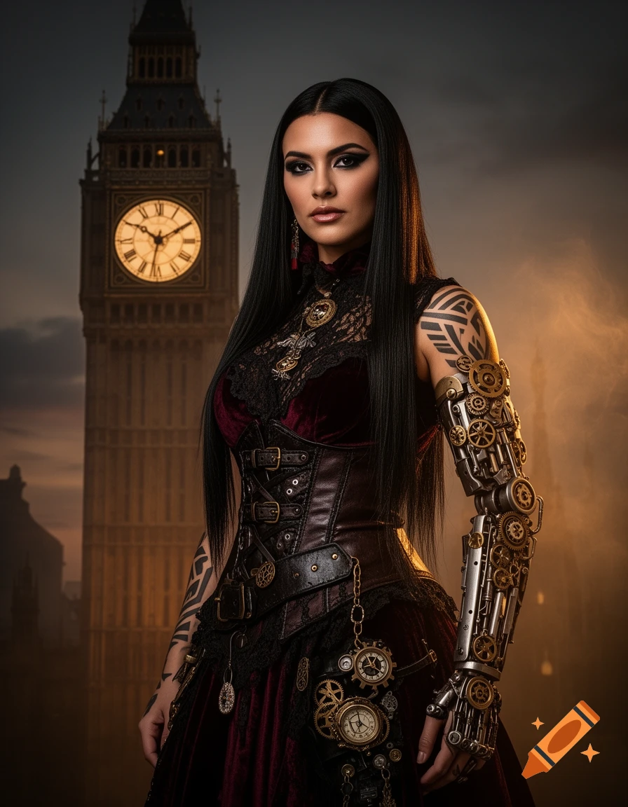 A steampunk gothic woman with a detailed prosthetic arm and dark clothing stands before Big Ben at dusk.