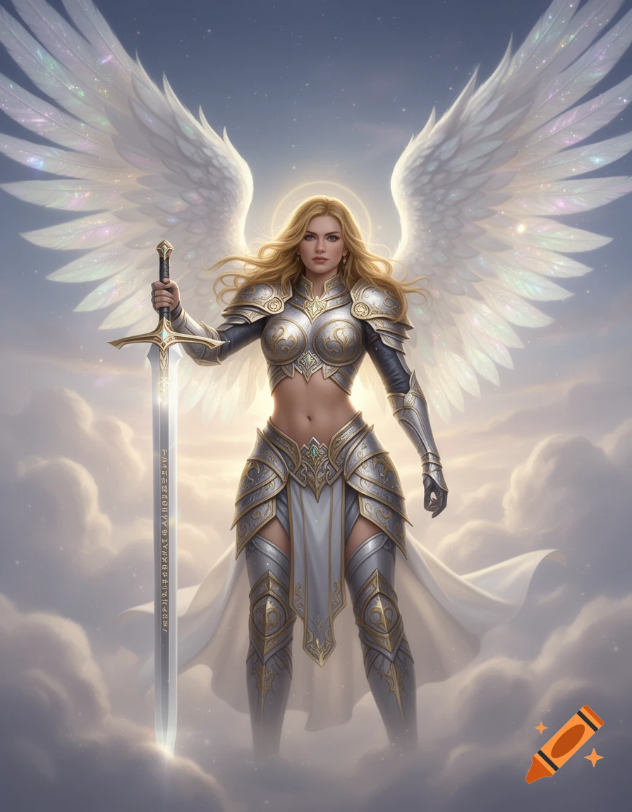 A powerful female warrior angel with long blonde hair, armored midriff, holding a glowing sword, stands majestically in the clouds against a starry sky.