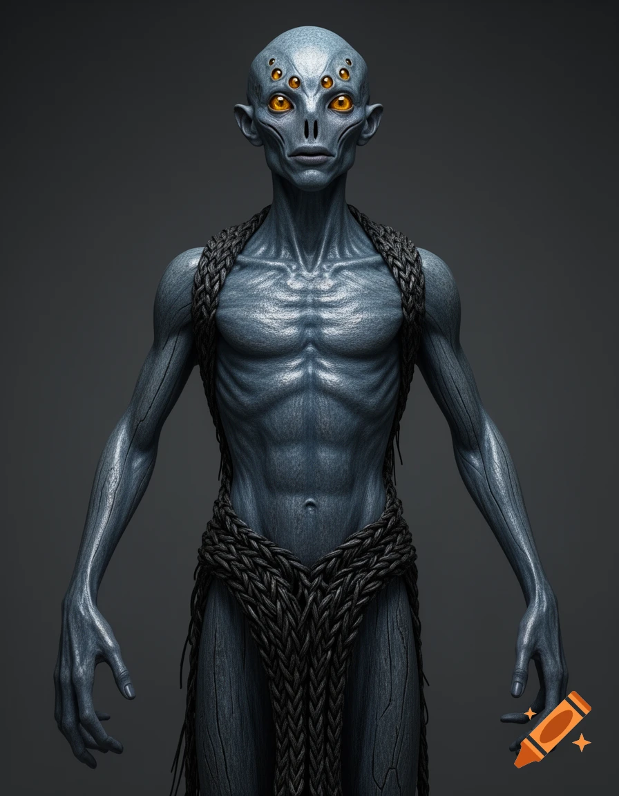A gaunt, blue-gray alien creature with six golden eyes and braided dark fibers around its body, against a dark background.