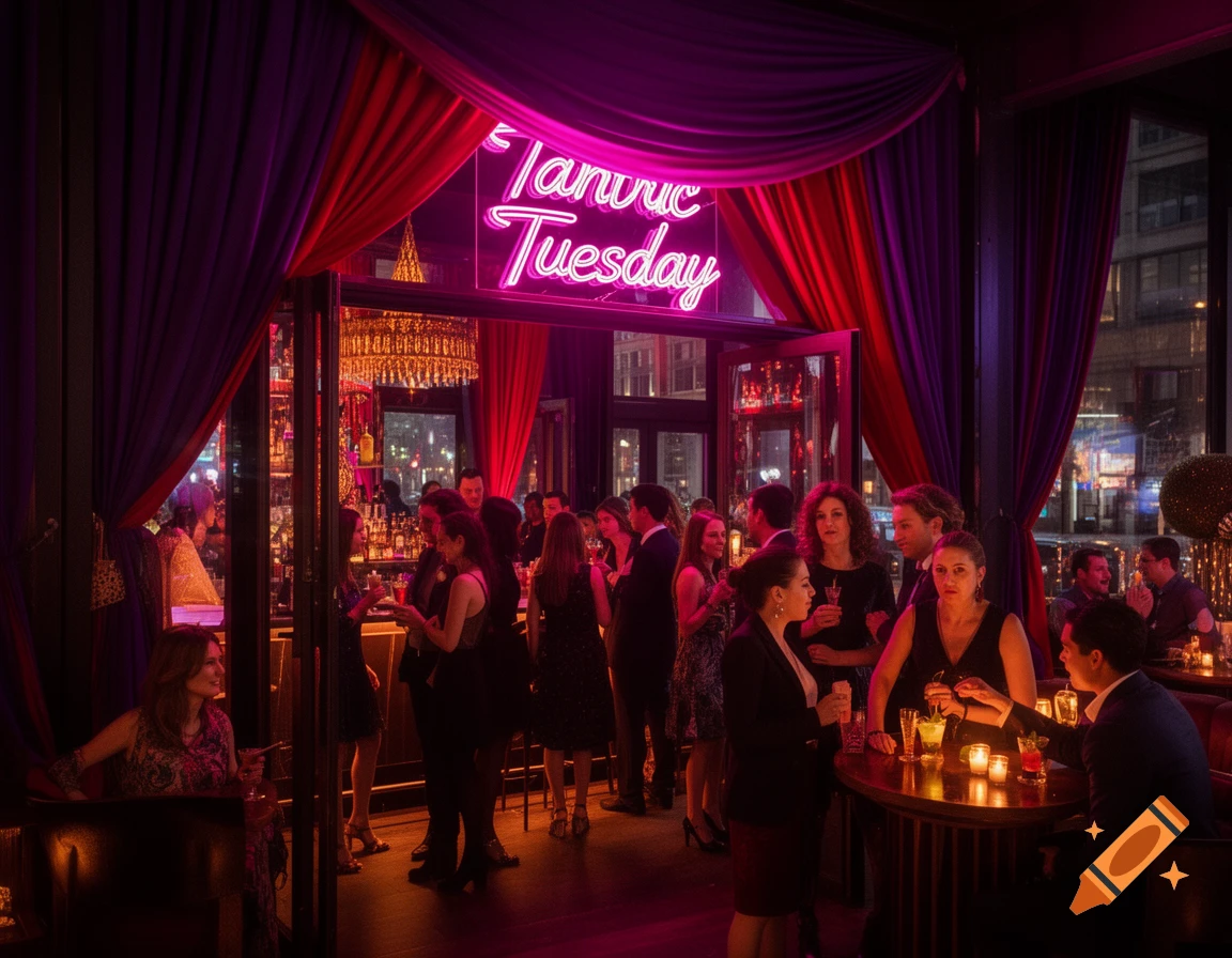 A lively bar scene with a glowing 'Tantric Tuesday' neon sign over a crowd of people socializing.