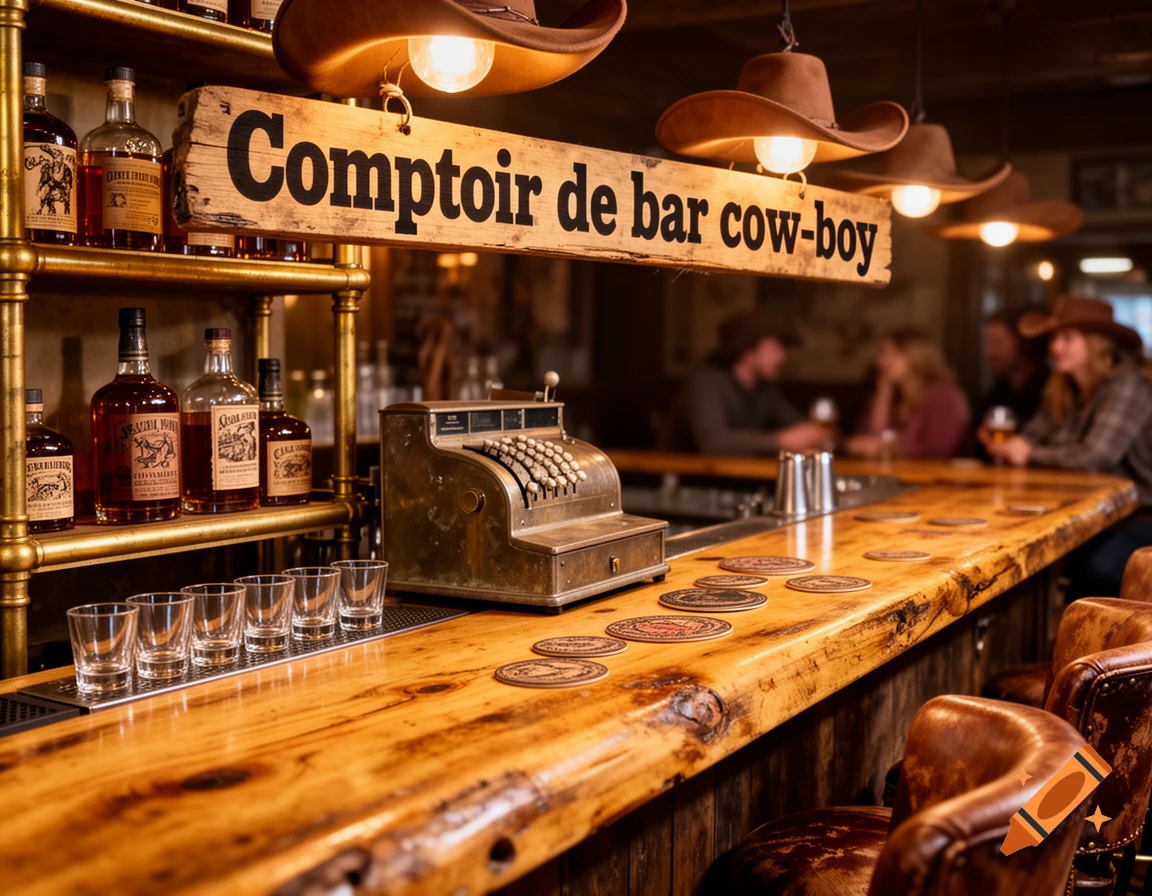 Photorealistic image of a rustic cowboy bar counter with whiskey bottles, a vintage cash register, and patrons in the blurred background.