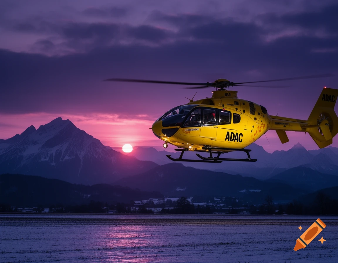 A yellow ADAC helicopter flies low over a snowy winter field with a vibrant purple and pink sunset behind mountains.