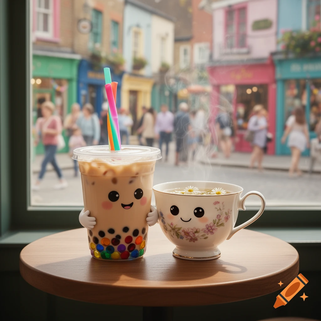 A cute smiling bubble tea with colorful pearls hugs a steaming cup of tea with chamomile, on a table overlooking a vibrant street.