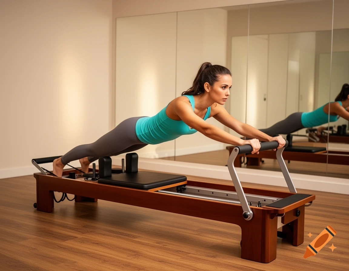 A slim woman exercises on a Pilates reformer in a modern studio with mirrors.