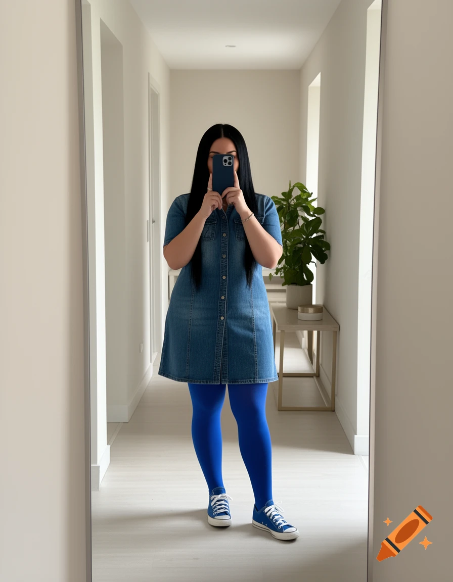 A woman in a denim dress, blue tights, and blue sneakers takes a mirror selfie in a modern hallway, obscuring her face with a phone.