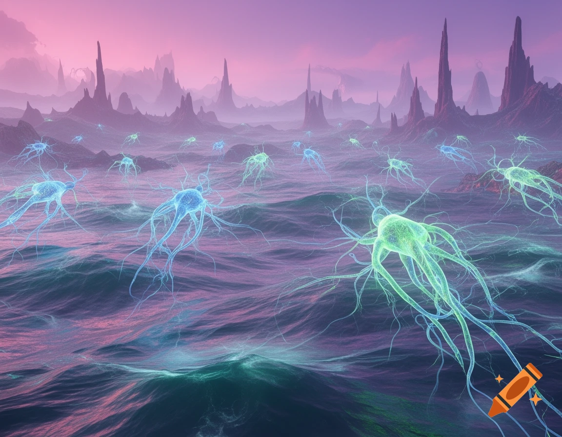 Vibrant neuron-like creatures float in a purple-pink ocean, with jagged mountains and a misty pink sky in an otherworldly landscape.