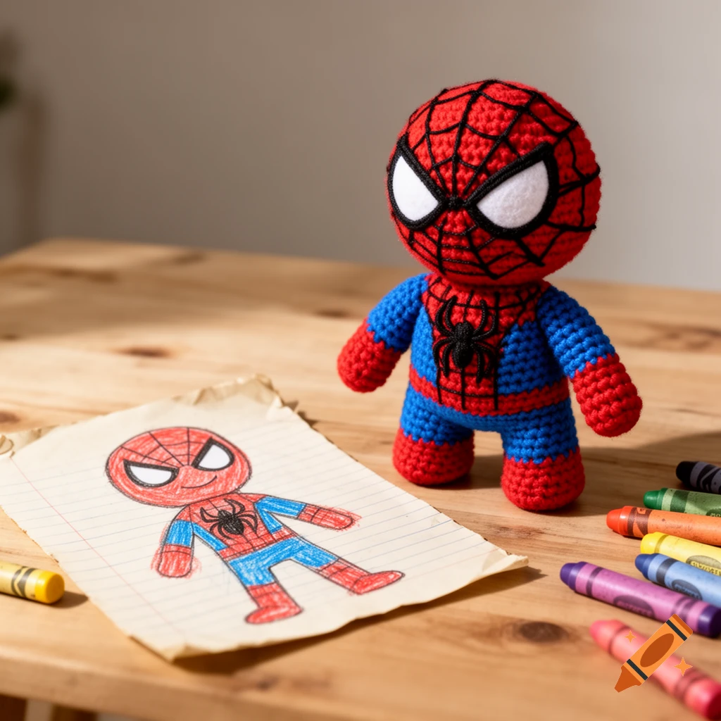 A red and blue crochet Spiderman doll stands next to a child's crayon drawing of Spiderman and colorful crayons on a wooden table.