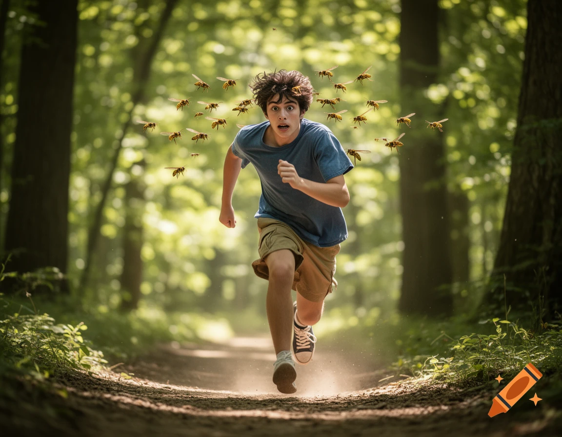 A young man with a startled expression runs down a sunlit forest path, being chased by a swarm of wasps.
