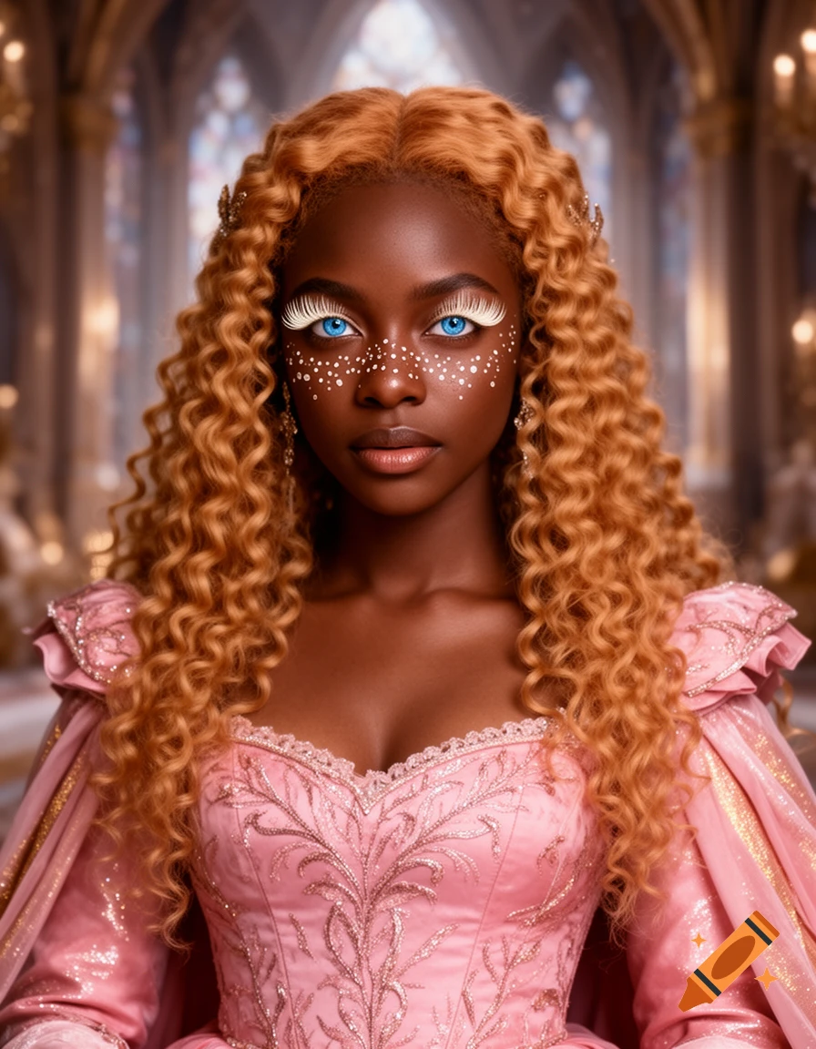 Photorealistic portrait of a Black princess with blue eyes, white eyelashes, freckles, and strawberry-blonde coiled hair, in an elegant pink royal gown.