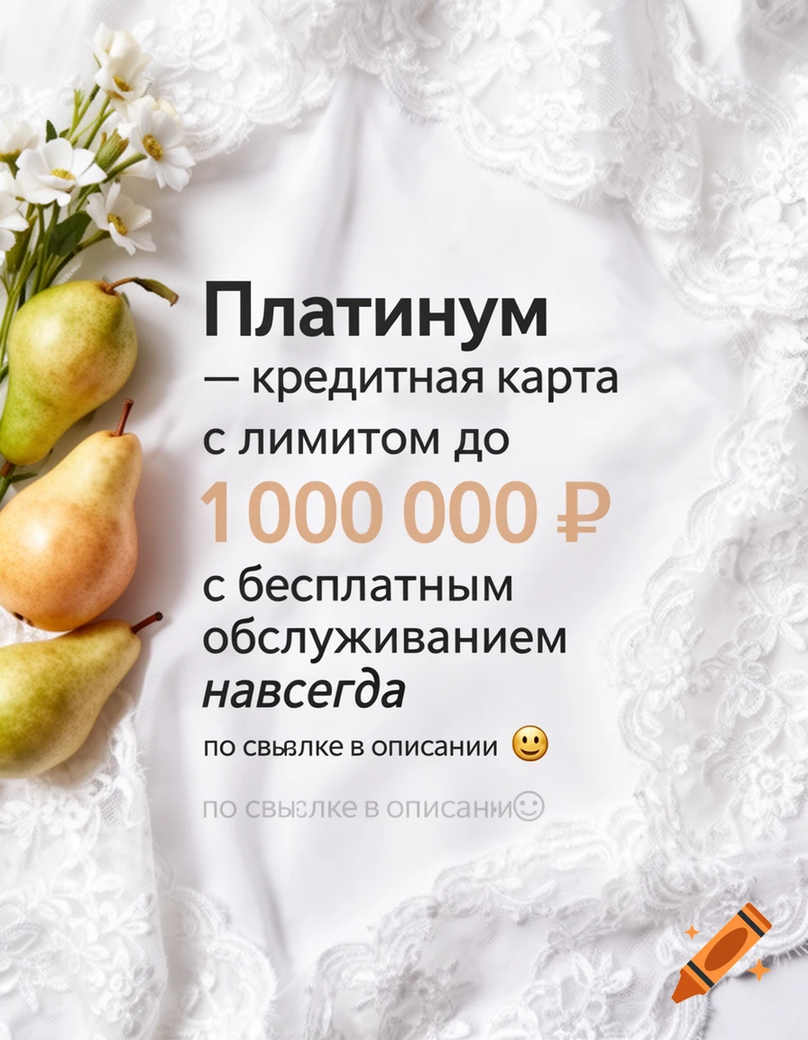 An advertisement for a Platinum credit card on a white lace background, with pears and white flowers along the left side.