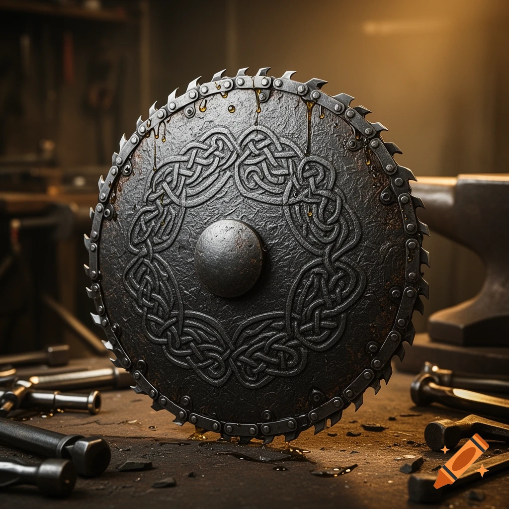 A dark metal round shield with Celtic knot patterns and a chainsaw blade rim, on a workbench with tools in a forge.