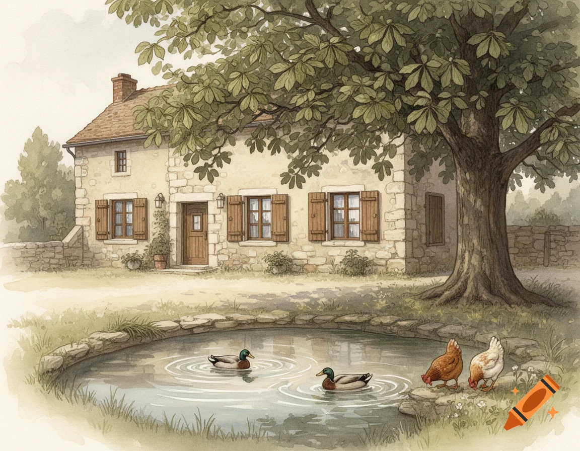 Watercolor painting of a rustic stone house with brown shutters, a large tree, a pond with two ducks, and two chickens.
