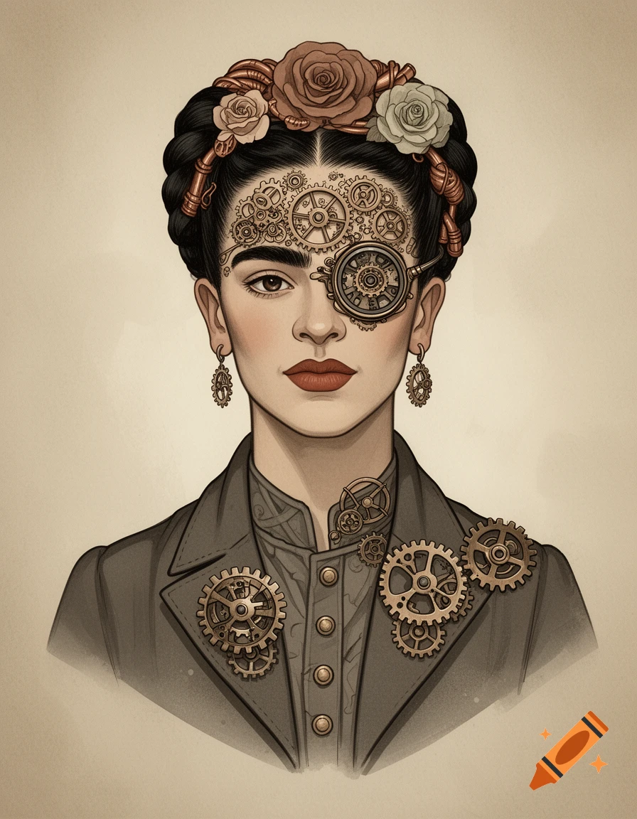 A stylized steampunk portrait drawing of Frida Kahlo, adorned with mechanical gears, a monocle, and flowers in her hair.