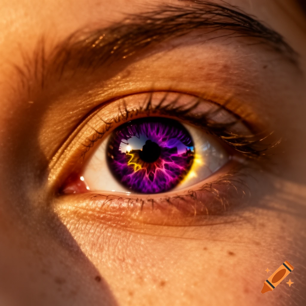Close-up of a human eye with a vibrant purple, magenta, and gold iris reflecting a sunset landscape.
