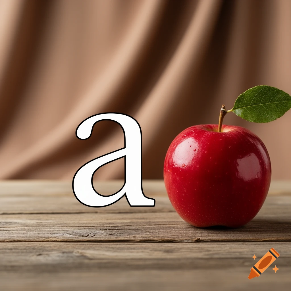 A vibrant red apple with a green leaf on a rustic wooden table next to a large white serif letter 'a'.