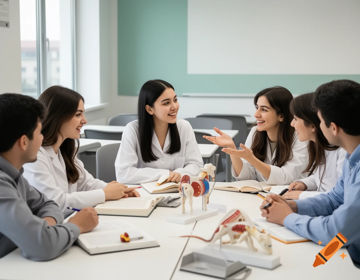 Group of diverse students in lab coats studying anatomical models at a table in a bright classroom.