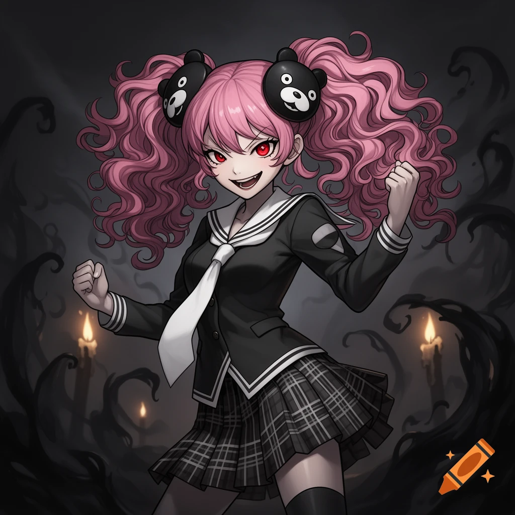 Anime girl with pink curly hair, red eyes, and a sinister smile in a school uniform, posing dramatically against a dark, shadowy background with candles.