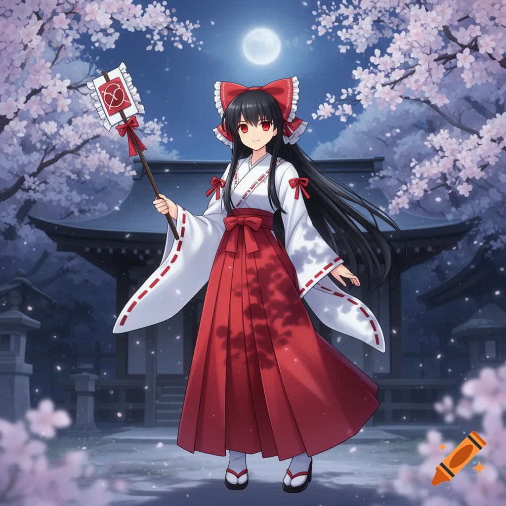 Anime shrine maiden in red and white kimono holding a staff, standing before a traditional Japanese shrine with cherry blossoms under a full moon.