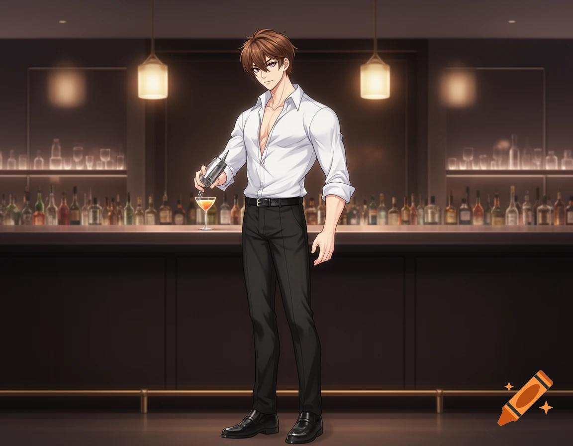 An anime-style male bartender with brown hair and an open white shirt pours a cocktail behind a bar filled with bottles.