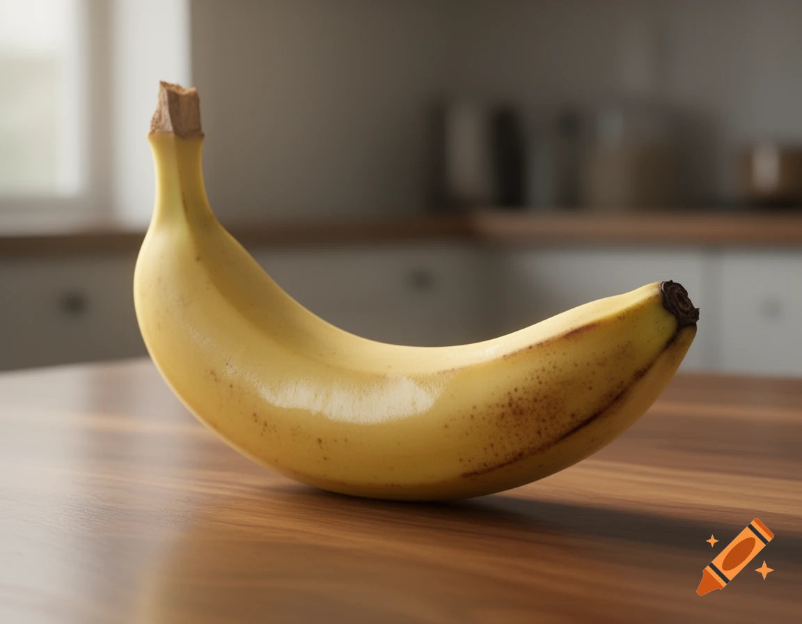A hyperrealistic yellow banana with brown spots sits on a dark wooden table in a kitchen.