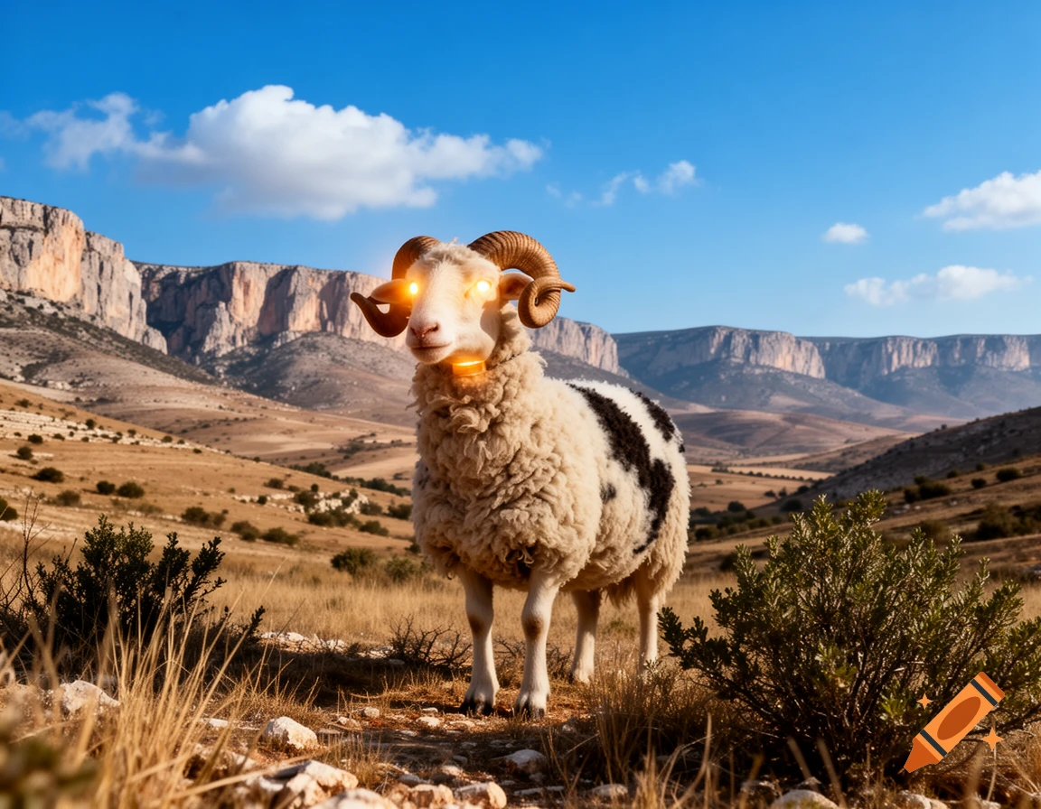 A Jacob's sheep with glowing eyes and neck stands in a sunlit, arid mountain landscape under a blue sky.